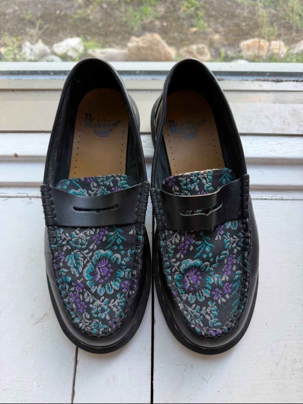 Dr. Martens Black Floral Jacquard Loafers with Teal & Purple Accents